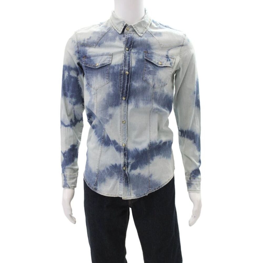 Gianni Lupo Mens Cotton Bleached Tie Dye Denim Button Down Shirt Blue Size S